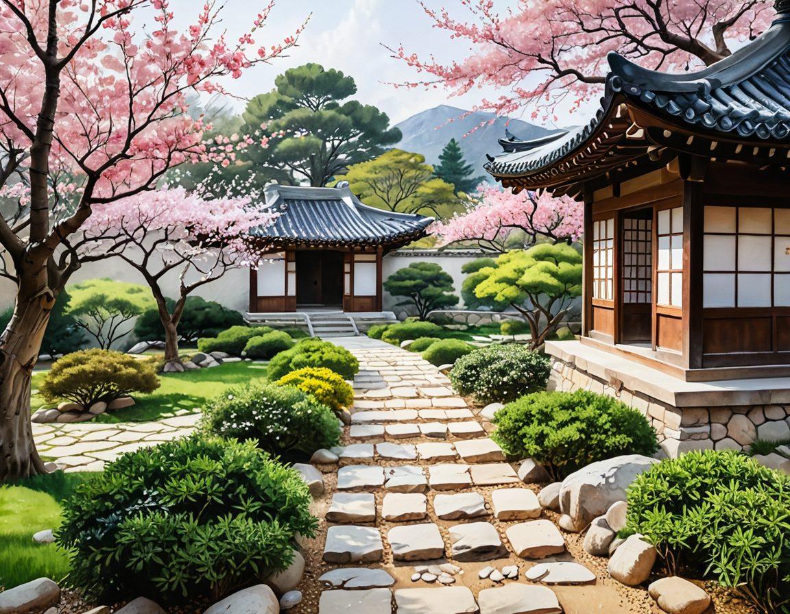 An artistic representation of a serene Korean garden with traditional elements like a Hanok (Korean house) and stone pathways, surrounded by blooming cherry blossom trees. In the foreground, people practicing mindfulness through meditation, illustrating community and mental wellness. Soft, warm colors evoke a sense of calm and peace, with brush strokes conveying harmony. watercolor painting. vibrant colors.