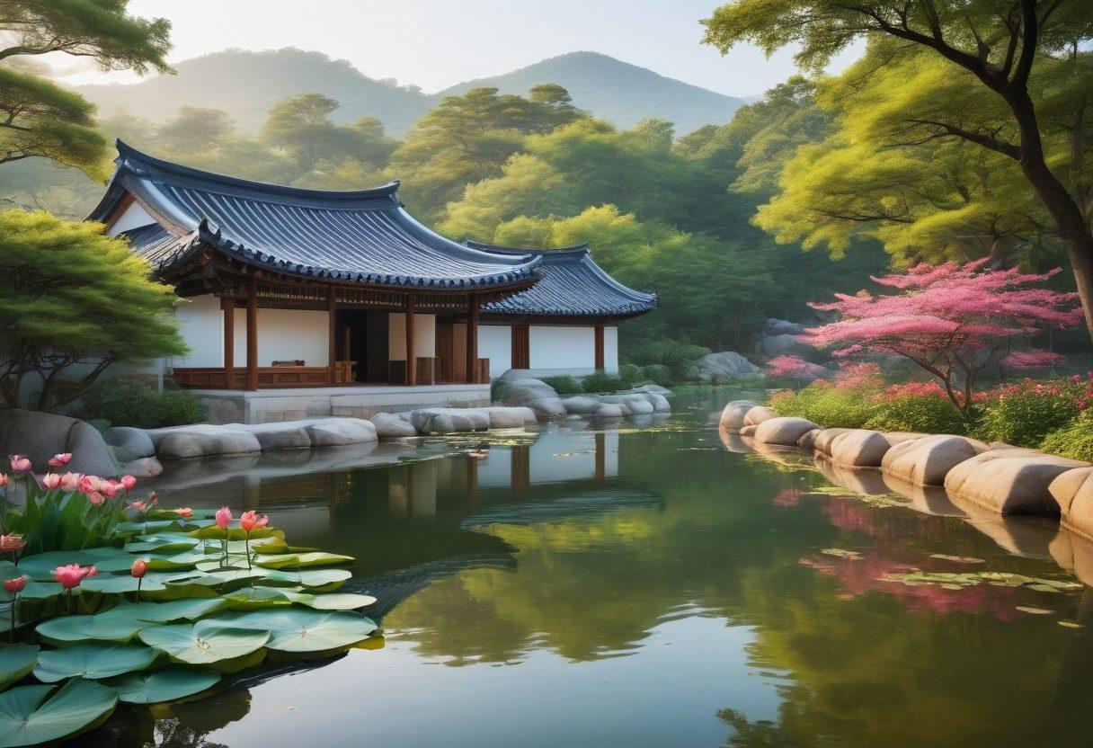 A serene Korean landscape featuring traditional Hanok houses surrounded by lush greenery, with individuals practicing mindfulness and meditation. In the foreground, display symbols of mental wellness such as lotus flowers and calming water elements. Incorporate warm, inviting colors to evoke a sense of peace and emotional well-being. super-realistic. vibrant colors.