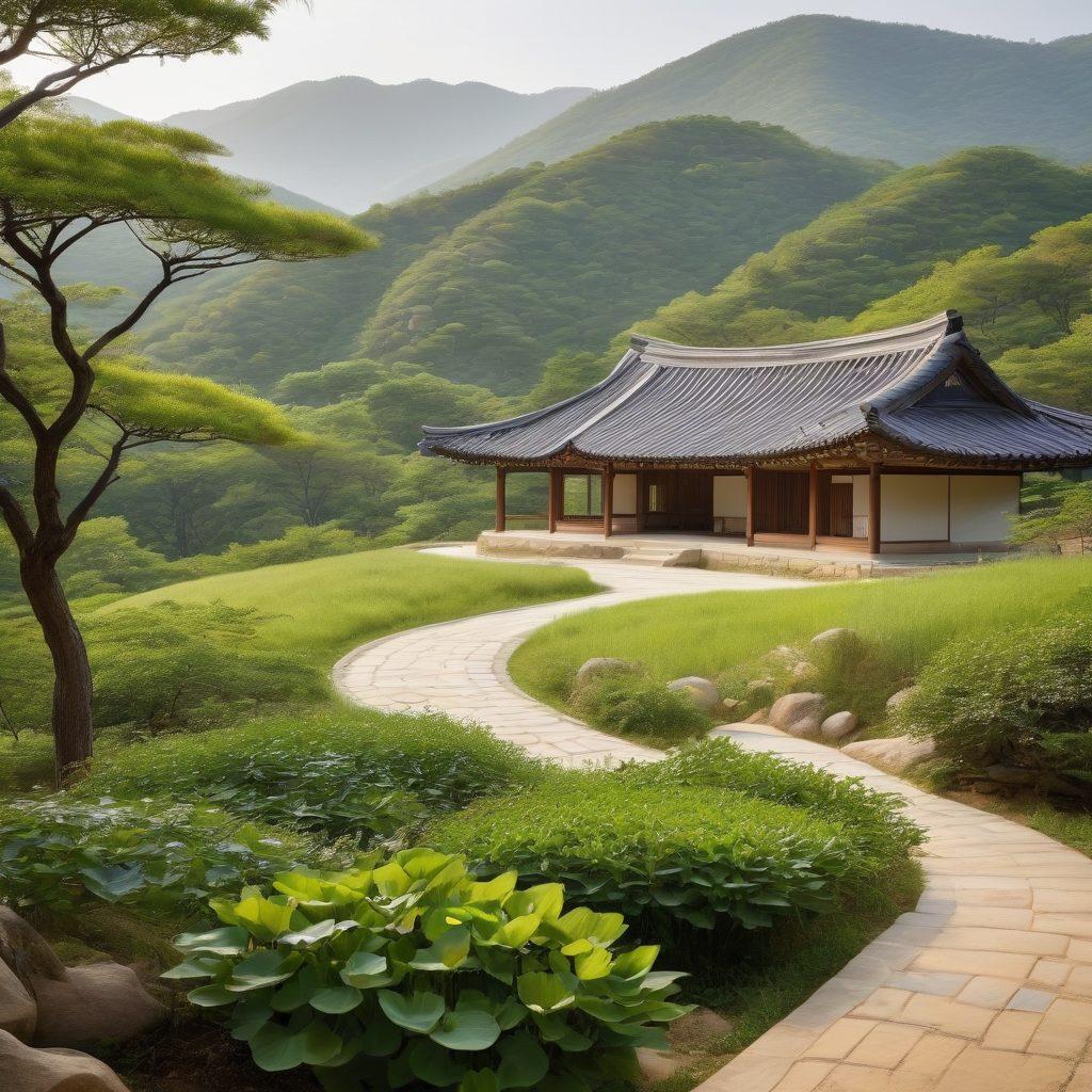 A serene Korean landscape with a tranquil mountain backdrop, a peaceful therapy session occurring in a traditional hanok. Include elements like calming nature, a group of diverse individuals engaged in discussion, and symbols of harmony like lotus flowers. Soft, warm colors to evoke a sense of calm and empowerment. super-realistic. vibrant colors. white background.